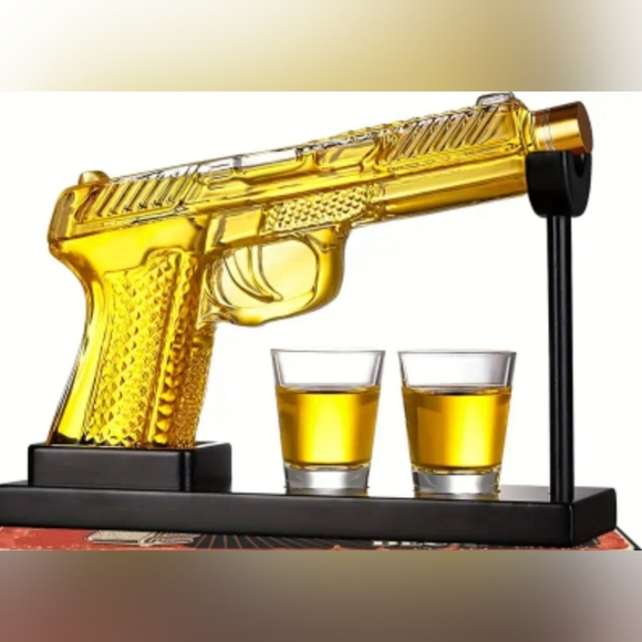 Glass Revolver Decanter Set With 2 Shot Glasses And Stand - Picture 2 of 2